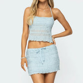 BXOXO Women Sexy 2 Piece Skirt Set Halter Backless Lettuce Tiered Tank Top Low Rise Lace Trim Mini Skirt Beach Outfits